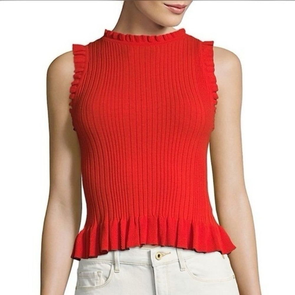 Rebecca Taylor Sleeveless High Neck Knit Ruffle Top Ribbed Size Large